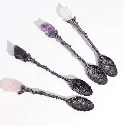 Set of 7 Dark Silver Gemstone Crystal Witch Spoons