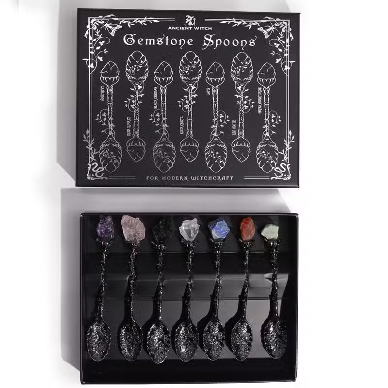 Set of 7 Dark Silver Gemstone Crystal Witch Spoons