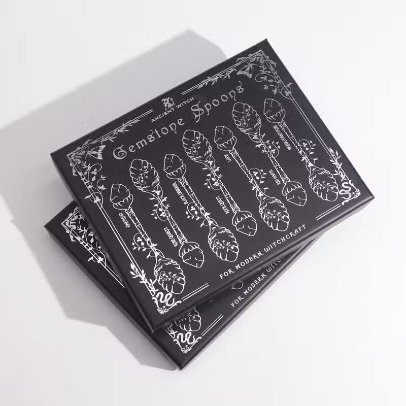 Set of 7 Dark Silver Gemstone Crystal Witch Spoons