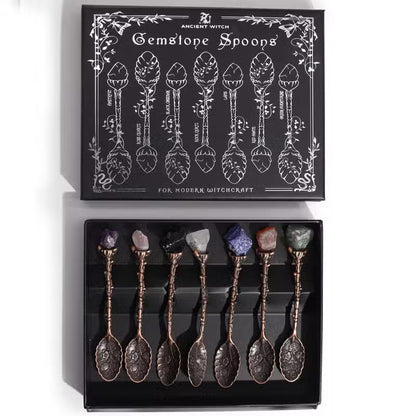 Set of 7 Bronze Gemstone Crystal Witch Spoons