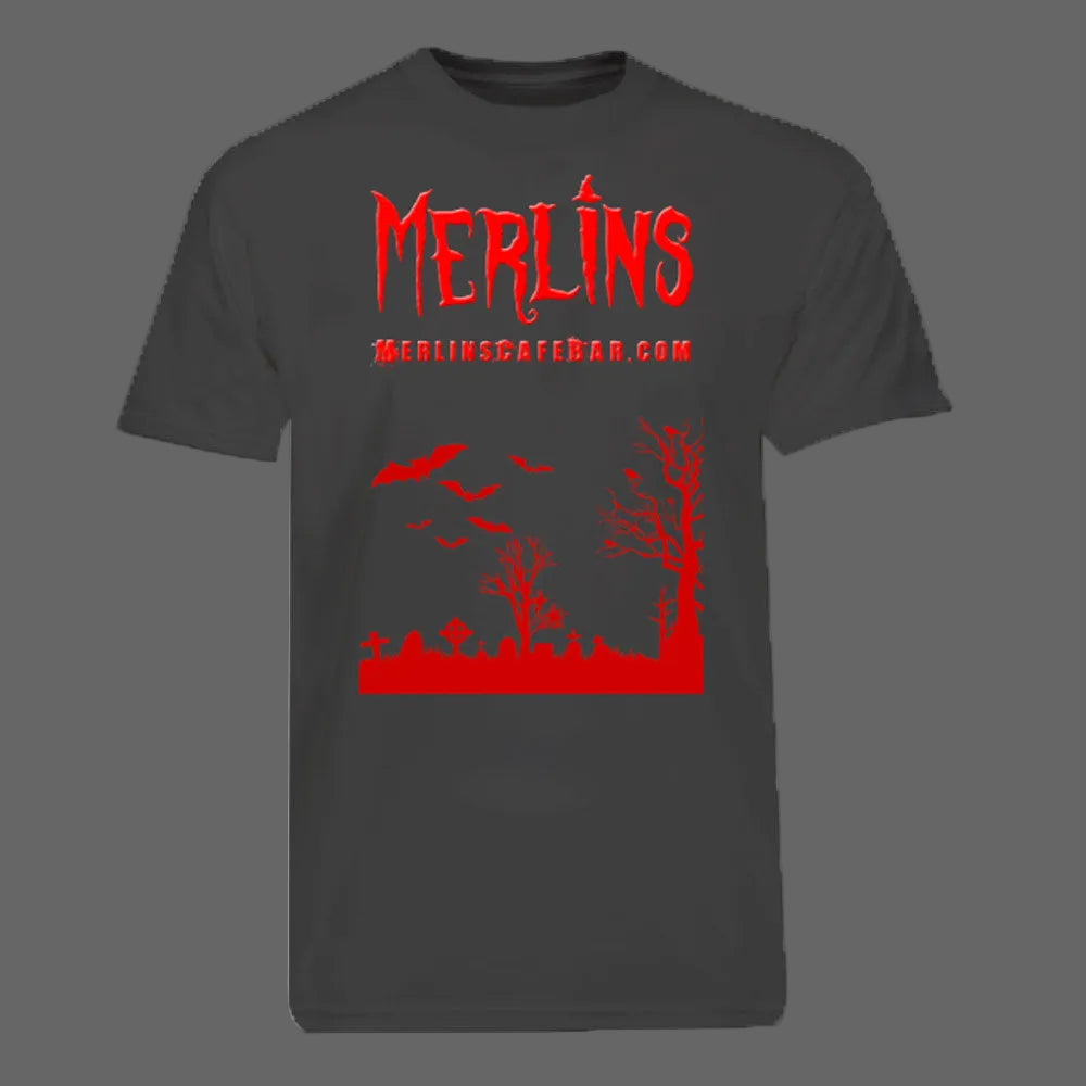 Black t-shirt with red graphic design and text on a white background