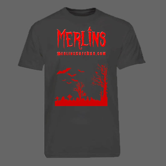 Black t-shirt with red graphic design and text on a white background